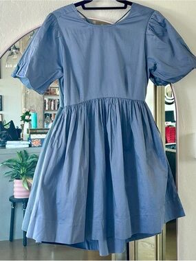Oak + Fort Puff Sleeve Lace Up Cotton Mini Dress in Blue, sz S, NWT